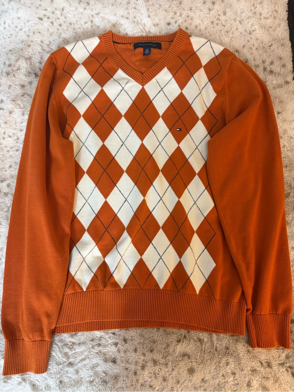 Tommy Hilfiger Men’s Orange and Cream Argyle V-Neck Sweater